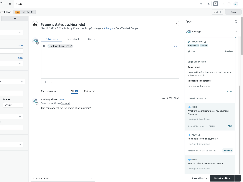 AptEdge App Integration with Zendesk Support