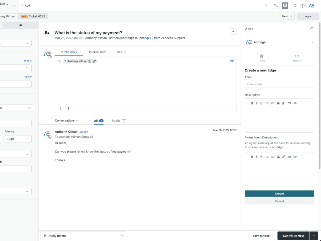 AptEdge App Integration with Zendesk Support
